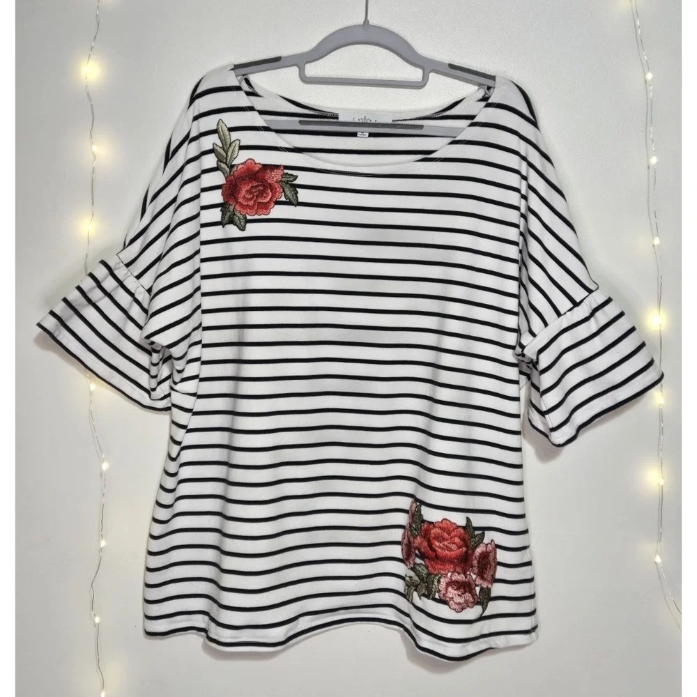 FEVER Women's Striped 3/4 Flared Sleeve Knit Top 2X Navy Blue White Floral Boho - Picture 2 of 13
